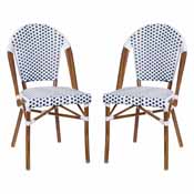 Lourdes Set of 2 Indoor/Outdoor Commercial French Bistro Stacking Chair, White/Navy PE Rattan Back and Seat, Bamboo Print Aluminum Frame in Natural, 2-SDA-AD642001-F-WHNVY-NAT-GG