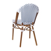 Lourdes Set of 2 Indoor/Outdoor Commercial French Bistro Stacking Chair, White/Navy PE Rattan Back and Seat, Bamboo Print Aluminum Frame in Natural, 2-SDA-AD642001-F-WHNVY-NAT-GG