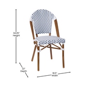 Lourdes Set of 2 Indoor/Outdoor Commercial French Bistro Stacking Chair, White/Navy PE Rattan Back and Seat, Bamboo Print Aluminum Frame in Natural, 2-SDA-AD642001-F-WHNVY-NAT-GG