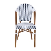 Lourdes Set of 2 Indoor/Outdoor Commercial French Bistro Stacking Chair, White/Navy PE Rattan Back and Seat, Bamboo Print Aluminum Frame in Natural, 2-SDA-AD642001-F-WHNVY-NAT-GG