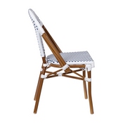 Lourdes Set of 2 Indoor/Outdoor Commercial French Bistro Stacking Chair, White/Navy PE Rattan Back and Seat, Bamboo Print Aluminum Frame in Natural, 2-SDA-AD642001-F-WHNVY-NAT-GG