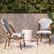 Lourdes Set of 2 Indoor/Outdoor Commercial French Bistro Stacking Chair, White/Navy PE Rattan Back and Seat, Bamboo Print Aluminum Frame in Natural, 2-SDA-AD642001-F-WHNVY-NAT-GG