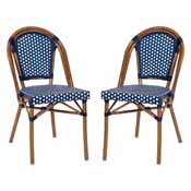 Bordeaux Set of 2 Indoor/Outdoor Commercial French Bistro Stacking Chairs, Navy/White PE Rattan Back and Seat, Bamboo Print Aluminum Frame in Natural, 2-SDA-AD642001-NVYWH-NAT-GG
