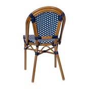Bordeaux Set of 2 Indoor/Outdoor Commercial French Bistro Stacking Chairs, Navy/White PE Rattan Back and Seat, Bamboo Print Aluminum Frame in Natural, 2-SDA-AD642001-NVYWH-NAT-GG