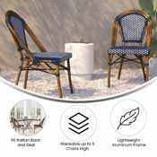 Bordeaux Set of 2 Indoor/Outdoor Commercial French Bistro Stacking Chairs, Navy/White PE Rattan Back and Seat, Bamboo Print Aluminum Frame in Natural, 2-SDA-AD642001-NVYWH-NAT-GG