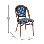 Bordeaux Set of 2 Indoor/Outdoor Commercial French Bistro Stacking Chairs, Navy/White PE Rattan Back and Seat, Bamboo Print Aluminum Frame in Natural, 2-SDA-AD642001-NVYWH-NAT-GG