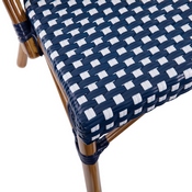 Bordeaux Set of 2 Indoor/Outdoor Commercial French Bistro Stacking Chairs, Navy/White PE Rattan Back and Seat, Bamboo Print Aluminum Frame in Natural, 2-SDA-AD642001-NVYWH-NAT-GG
