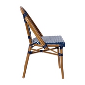 Bordeaux Set of 2 Indoor/Outdoor Commercial French Bistro Stacking Chairs, Navy/White PE Rattan Back and Seat, Bamboo Print Aluminum Frame in Natural, 2-SDA-AD642001-NVYWH-NAT-GG