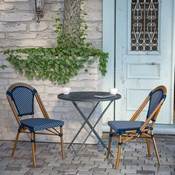 Bordeaux Set of 2 Indoor/Outdoor Commercial French Bistro Stacking Chairs, Navy/White PE Rattan Back and Seat, Bamboo Print Aluminum Frame in Natural, 2-SDA-AD642001-NVYWH-NAT-GG