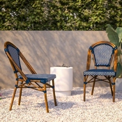 Bordeaux Set of 2 Indoor/Outdoor Commercial French Bistro Stacking Chairs, Navy/White PE Rattan Back and Seat, Bamboo Print Aluminum Frame in Natural, 2-SDA-AD642001-NVYWH-NAT-GG