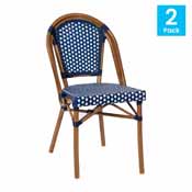 Bordeaux Set of 2 Indoor/Outdoor Commercial French Bistro Stacking Chairs, Navy/White PE Rattan Back and Seat, Bamboo Print Aluminum Frame in Natural, 2-SDA-AD642001-NVYWH-NAT-GG