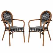 2 Pack Lourdes Indoor/Outdoor Commercial Thonet French Bistro Stacking Chair with Arms, Black and White PE Rattan and Natural Aluminum Frame, 2-SDA-AD642002A-BKWH-NAT-GG
