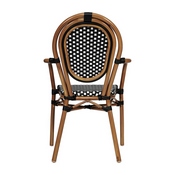 2 Pack Lourdes Indoor/Outdoor Commercial Thonet French Bistro Stacking Chair with Arms, Black and White PE Rattan and Natural Aluminum Frame, 2-SDA-AD642002A-BKWH-NAT-GG