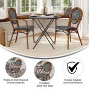 2 Pack Lourdes Indoor/Outdoor Commercial Thonet French Bistro Stacking Chair with Arms, Black and White PE Rattan and Natural Aluminum Frame, 2-SDA-AD642002A-BKWH-NAT-GG