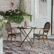 2 Pack Lourdes Indoor/Outdoor Commercial Thonet French Bistro Stacking Chair with Arms, Black and White PE Rattan and Natural Aluminum Frame, 2-SDA-AD642002A-BKWH-NAT-GG