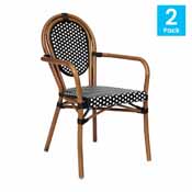 2 Pack Lourdes Indoor/Outdoor Commercial Thonet French Bistro Stacking Chair with Arms, Black and White PE Rattan and Natural Aluminum Frame, 2-SDA-AD642002A-BKWH-NAT-GG