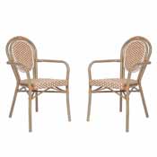 2 Pack Lourdes Indoor/Outdoor Commercial Thonet French Bistro Stack Chair with Arms, Natural/White PE Rattan and Bamboo Aluminum Frame in Lt Natural, 2-SDA-AD642002A-NATWH-LTNAT-GG