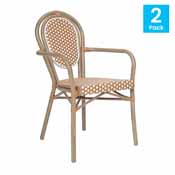 2 Pack Lourdes Indoor/Outdoor Commercial Thonet French Bistro Stack Chair with Arms, Natural/White PE Rattan and Bamboo Aluminum Frame in Lt Natural, 2-SDA-AD642002A-NATWH-LTNAT-GG