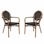 2 Pack Marseille Indoor/Outdoor Commercial Thonet French Bistro Stacking Chair with Arms, Black Textilene and Bamboo Print Aluminum Frame in Natural, 2-SDA-AD642002A-TXT-BK-NAT-GG