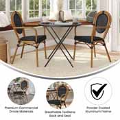 2 Pack Marseille Indoor/Outdoor Commercial Thonet French Bistro Stacking Chair with Arms, Black Textilene and Bamboo Print Aluminum Frame in Natural, 2-SDA-AD642002A-TXT-BK-NAT-GG