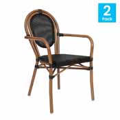2 Pack Marseille Indoor/Outdoor Commercial Thonet French Bistro Stacking Chair with Arms, Black Textilene and Bamboo Print Aluminum Frame in Natural, 2-SDA-AD642002A-TXT-BK-NAT-GG