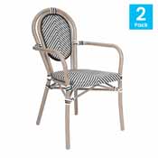 2 Pack Marseille Indoor/Outdoor Commercial Thonet French Bistro Stack Chair with Arms, Black/White Textilene and Bamboo Aluminum Frame in LT Natural, 2-SDA-AD642002A-TXT-BLKWH-LTNAT-GG