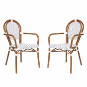 2 Pack Lourdes Indoor/Outdoor Commercial Thonet French Bistro Stacking Chair with Arms, White and Gray PE Rattan and Bamboo Aluminum Frame in Natural, 2-SDA-AD642002A-WHGY-NAT-GG