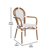 2 Pack Lourdes Indoor/Outdoor Commercial Thonet French Bistro Stacking Chair with Arms, White and Gray PE Rattan and Bamboo Aluminum Frame in Natural, 2-SDA-AD642002A-WHGY-NAT-GG