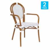 2 Pack Lourdes Indoor/Outdoor Commercial Thonet French Bistro Stacking Chair with Arms, White and Gray PE Rattan and Bamboo Aluminum Frame in Natural, 2-SDA-AD642002A-WHGY-NAT-GG