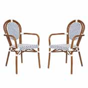 2 Pack Lourdes Indoor/Outdoor Commercial Thonet French Bistro Stacking Chair with Arms, White and Navy PE Rattan and Bamboo Aluminum Frame in Natural, 2-SDA-AD642002A-WHNVY-NAT-GG