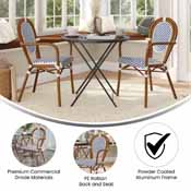 2 Pack Lourdes Indoor/Outdoor Commercial Thonet French Bistro Stacking Chair with Arms, White and Navy PE Rattan and Bamboo Aluminum Frame in Natural, 2-SDA-AD642002A-WHNVY-NAT-GG