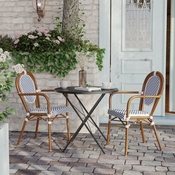 2 Pack Lourdes Indoor/Outdoor Commercial Thonet French Bistro Stacking Chair with Arms, White and Navy PE Rattan and Bamboo Aluminum Frame in Natural, 2-SDA-AD642002A-WHNVY-NAT-GG