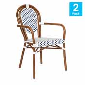 2 Pack Lourdes Indoor/Outdoor Commercial Thonet French Bistro Stacking Chair with Arms, White and Navy PE Rattan and Bamboo Aluminum Frame in Natural, 2-SDA-AD642002A-WHNVY-NAT-GG
