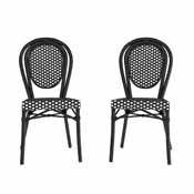 2 Pack Lourdes Indoor/Outdoor Commercial Thonet French Bistro Stacking Chair, Black and White PE Rattan and Black Aluminum Frame, 2-SDA-AD642002S-BKWH-BK-GG