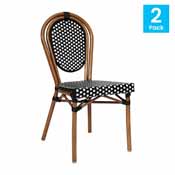 2 Pack Lourdes Indoor/Outdoor Commercial Thonet French Bistro Stack Chair Natural/White PE Rattan and Bamboo Aluminum Frame in Natural, 2-SDA-AD642002S-BKWH-NAT-GG