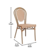 2 Pack Lourdes Indoor/Outdoor Commercial Thonet French Bistro Stacking Chair, Natural/White PE Rattan and Bamboo Print Aluminum Frame in Light Natural, 2-SDA-AD642002S-NATWH-LTNAT-GG