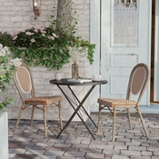 2 Pack Lourdes Indoor/Outdoor Commercial Thonet French Bistro Stacking Chair, Natural/White PE Rattan and Bamboo Print Aluminum Frame in Light Natural, 2-SDA-AD642002S-NATWH-LTNAT-GG