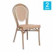 2 Pack Lourdes Indoor/Outdoor Commercial Thonet French Bistro Stacking Chair, Natural/White PE Rattan and Bamboo Print Aluminum Frame in Light Natural, 2-SDA-AD642002S-NATWH-LTNAT-GG