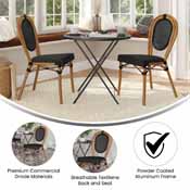 2 Pack Marseille Indoor/Outdoor Commercial Thonet French Bistro Stacking Chair, Black Textilene and Bamboo Print Aluminum Frame in Natural, 2-SDA-AD642002S-TXT-BK-NAT-GG