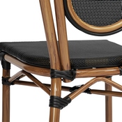 2 Pack Marseille Indoor/Outdoor Commercial Thonet French Bistro Stacking Chair, Black Textilene and Bamboo Print Aluminum Frame in Natural, 2-SDA-AD642002S-TXT-BK-NAT-GG