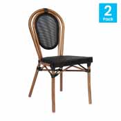 2 Pack Marseille Indoor/Outdoor Commercial Thonet French Bistro Stacking Chair, Black Textilene and Bamboo Print Aluminum Frame in Natural, 2-SDA-AD642002S-TXT-BK-NAT-GG