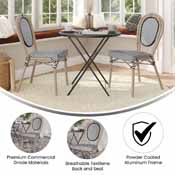 2 Pack Marseille Indoor/Outdoor Commercial Thonet French Bistro Stacking Chair, Black/White Textilene and Bamboo Print Aluminum Frame in LT Natural, 2-SDA-AD642002S-TXT-BLKWH-LTNAT-GG