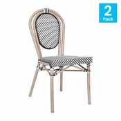 2 Pack Marseille Indoor/Outdoor Commercial Thonet French Bistro Stacking Chair, Black/White Textilene and Bamboo Print Aluminum Frame in LT Natural, 2-SDA-AD642002S-TXT-BLKWH-LTNAT-GG