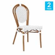 2 Pack Lourdes Indoor/Outdoor Commercial Thonet French Bistro Stacking Chair, White and Gray PE Rattan and Bamboo Print Aluminum Frame in Natural, 2-SDA-AD642002S-WHGY-NAT-GG