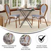 2 Pack Lourdes Indoor/Outdoor Commercial Thonet French Bistro Stacking Chair, White and Navy PE Rattan and Bamboo Print Aluminum Frame in Natural, 2-SDA-AD642002S-WHNVY-NAT-GG