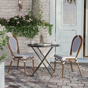2 Pack Lourdes Indoor/Outdoor Commercial Thonet French Bistro Stacking Chair, White and Navy PE Rattan and Bamboo Print Aluminum Frame in Natural, 2-SDA-AD642002S-WHNVY-NAT-GG