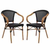 2 Pack Marseille Indoor/Outdoor Commercial French Bistro Stacking Chair with Arms, Black Textilene and Bamboo Print Aluminum Frame in Natural, 2-SDA-ADS642108-BK-NAT-GG