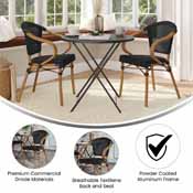 2 Pack Marseille Indoor/Outdoor Commercial French Bistro Stacking Chair with Arms, Black Textilene and Bamboo Print Aluminum Frame in Natural, 2-SDA-ADS642108-BK-NAT-GG