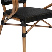 2 Pack Marseille Indoor/Outdoor Commercial French Bistro Stacking Chair with Arms, Black Textilene and Bamboo Print Aluminum Frame in Natural, 2-SDA-ADS642108-BK-NAT-GG