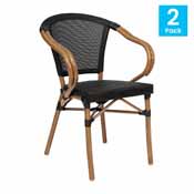 2 Pack Marseille Indoor/Outdoor Commercial French Bistro Stacking Chair with Arms, Black Textilene and Bamboo Print Aluminum Frame in Natural, 2-SDA-ADS642108-BK-NAT-GG